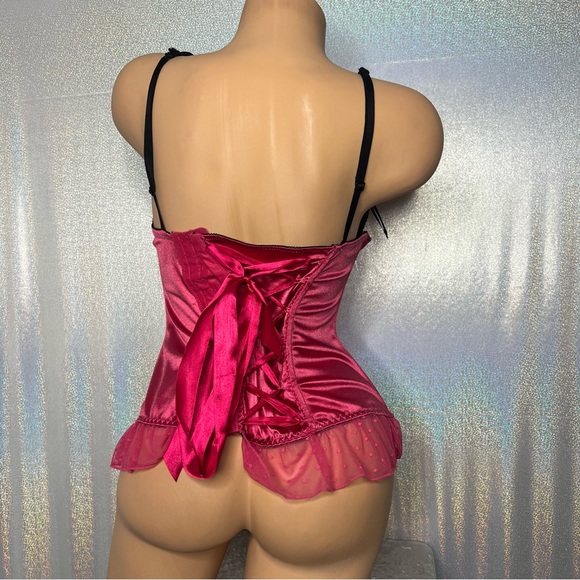 icollection corset top pink black shiny satin bows lace up sexy lingerie costume - Picture 9 of 11